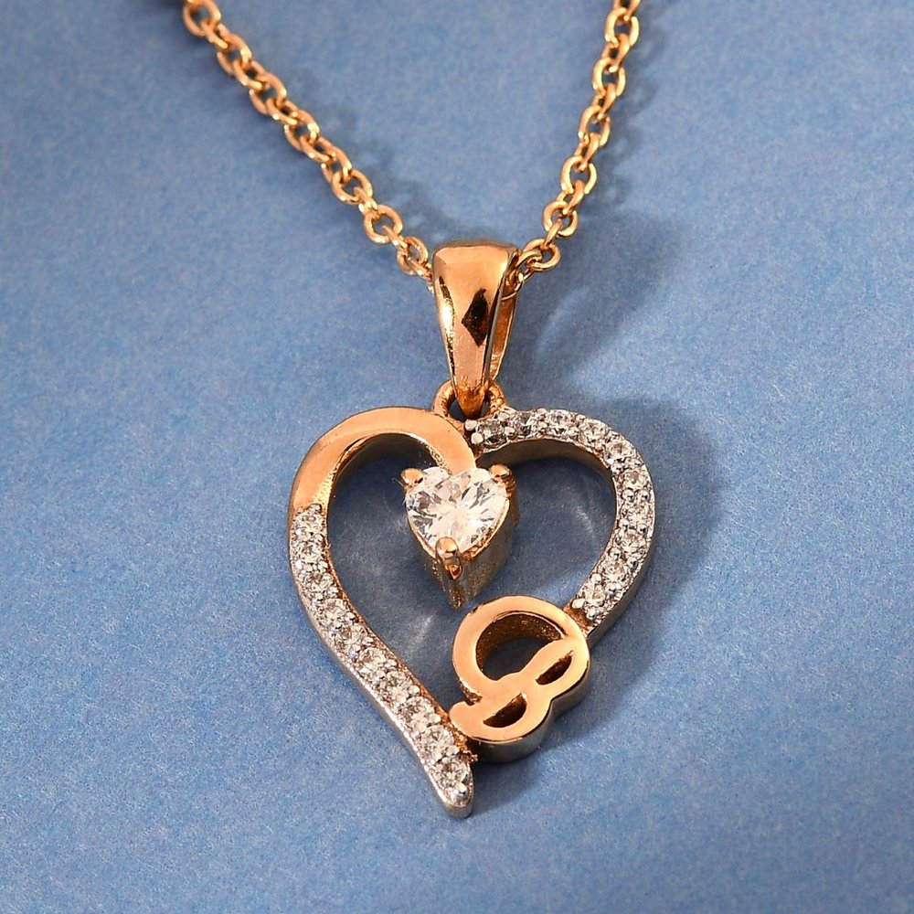 faux Diamond Initial B Heart Necklace 20 Inches in 18K YG Plated stain steel